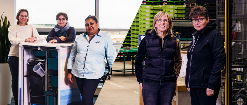 collage foto's van de winnaars van de goede praktijken competitie op hun werkplek. Drie medewerkers van Hago Next met een schoonmaakkar en twee medewerkers van Verdonk in het magazijn.